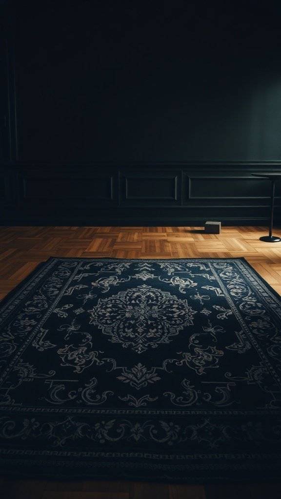 A round dark rug with intricate patterns on a wooden floor in a dimly lit room.