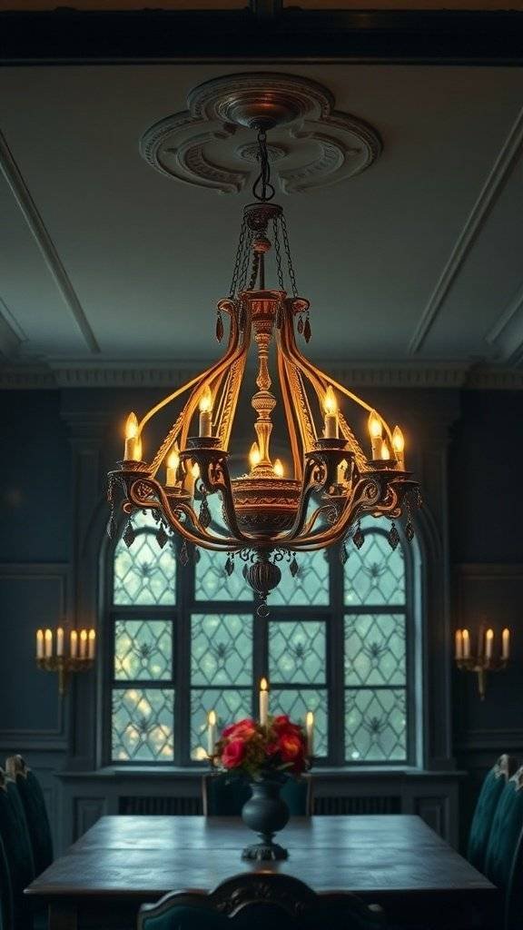 A beautifully designed chandelier with warm lights hanging in a dimly lit room, creating a moody atmosphere.