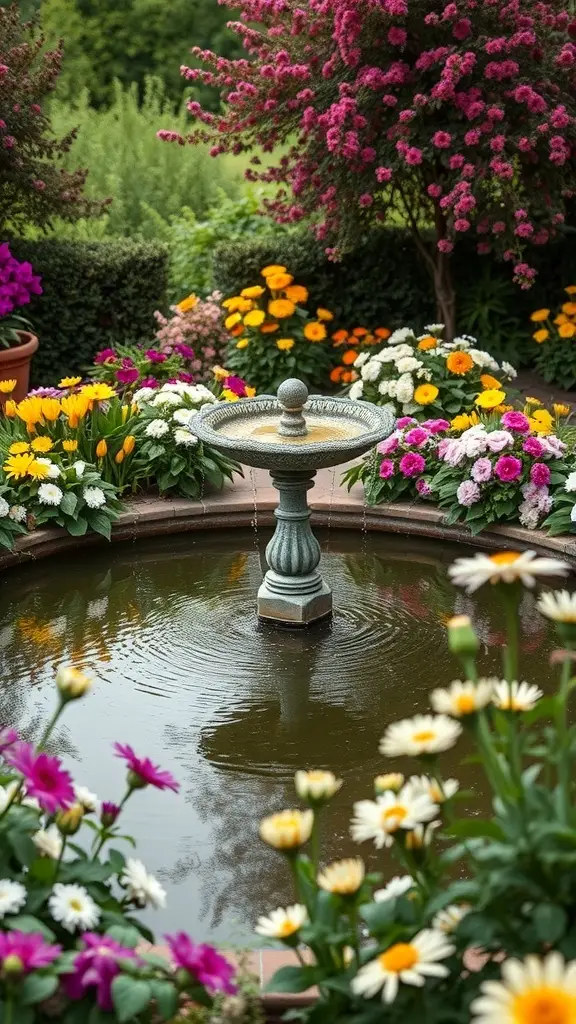 A vintage-style fountain surrounded by colorful flowers in a garden