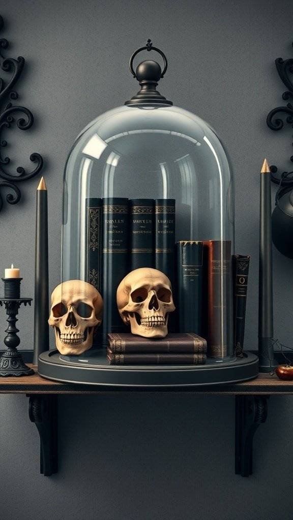 A cloche display featuring skulls and vintage books on a shelf, creating a mysterious atmosphere.