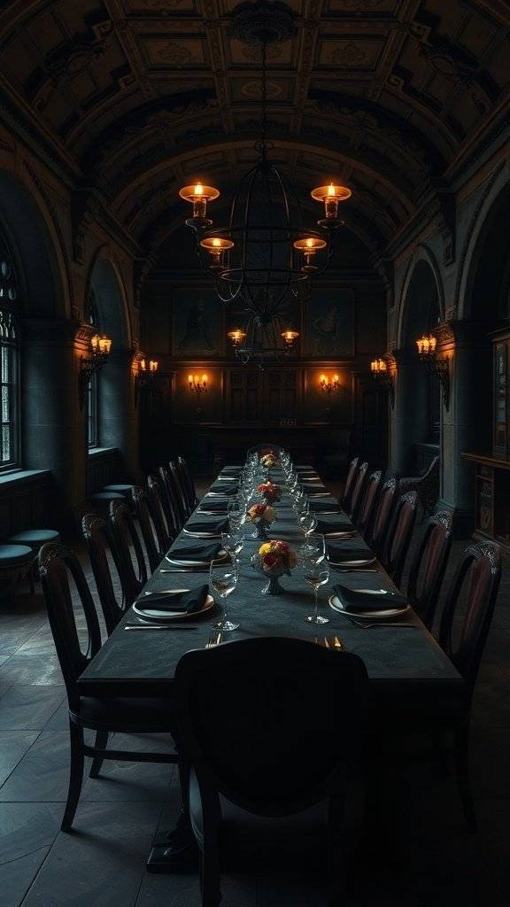 A dark and dramatic dining room with a long table, elegant glassware, and a chandelier.