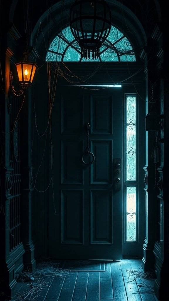 A dark entryway with a child standing in front of an ornate door, illuminated by a single light, with cobwebs hanging from the ceiling.