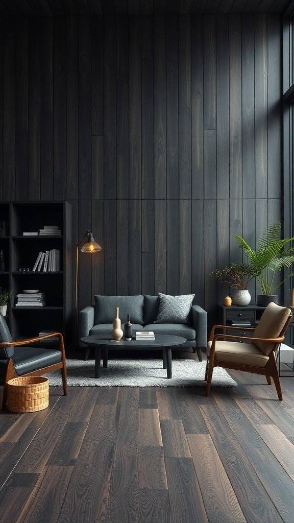 A cozy living room with dark wood accents, featuring dark wood paneling, a grey sofa, and a plant.