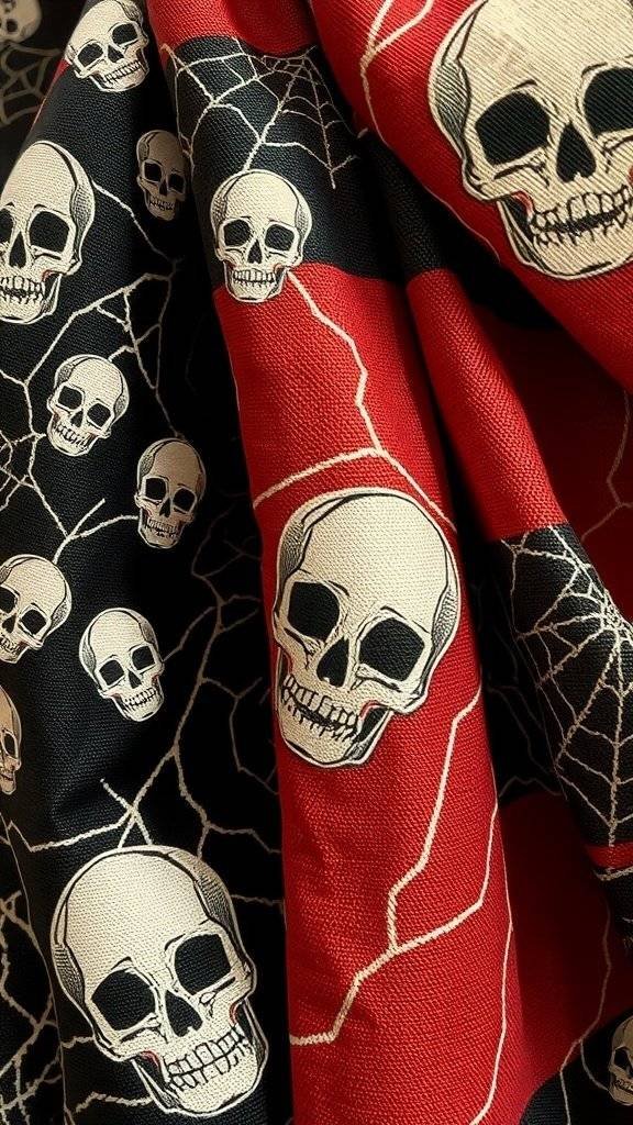 A close-up of fabric featuring skulls and spider webs, ideal for spooky home décor.