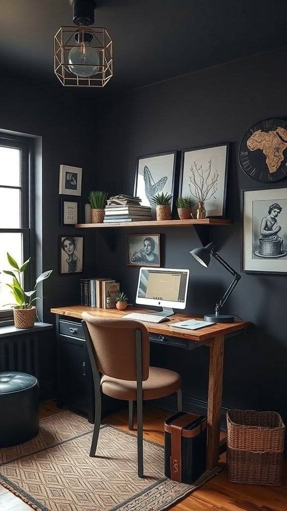 A dark home office with industrial touches, featuring a wooden desk, gray walls, and spooky décor.