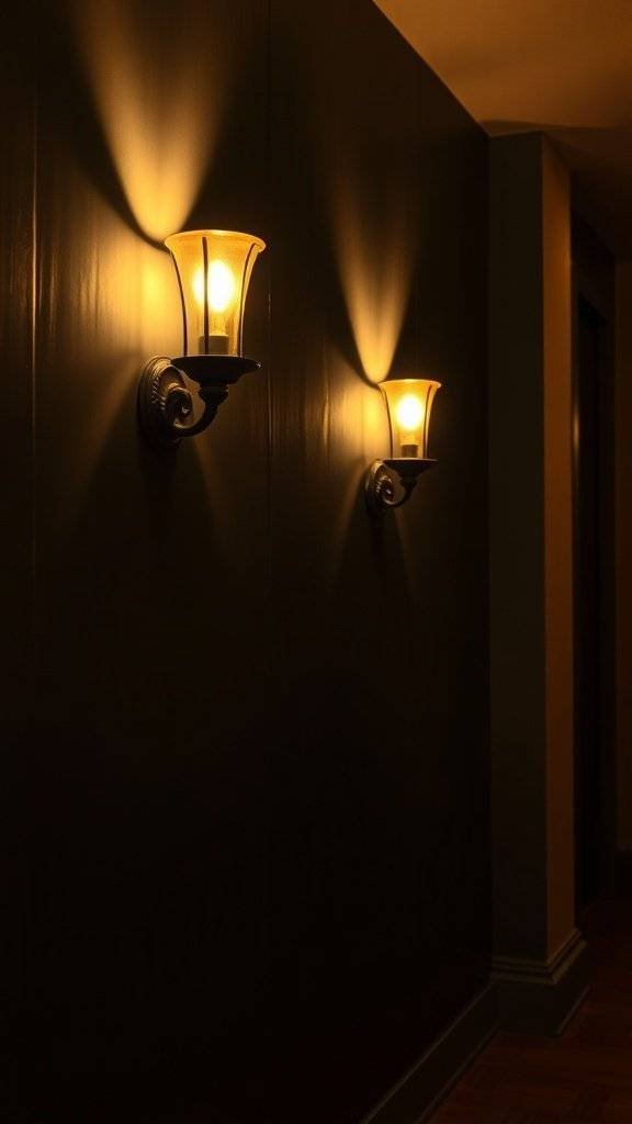 Two wall sconces on a dark wall, casting warm light and creating shadows.