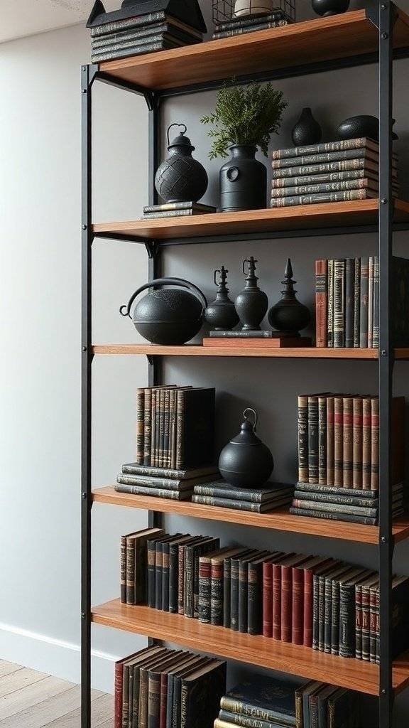 Industrial shelving unit displaying books and decorative items in a moody setting.