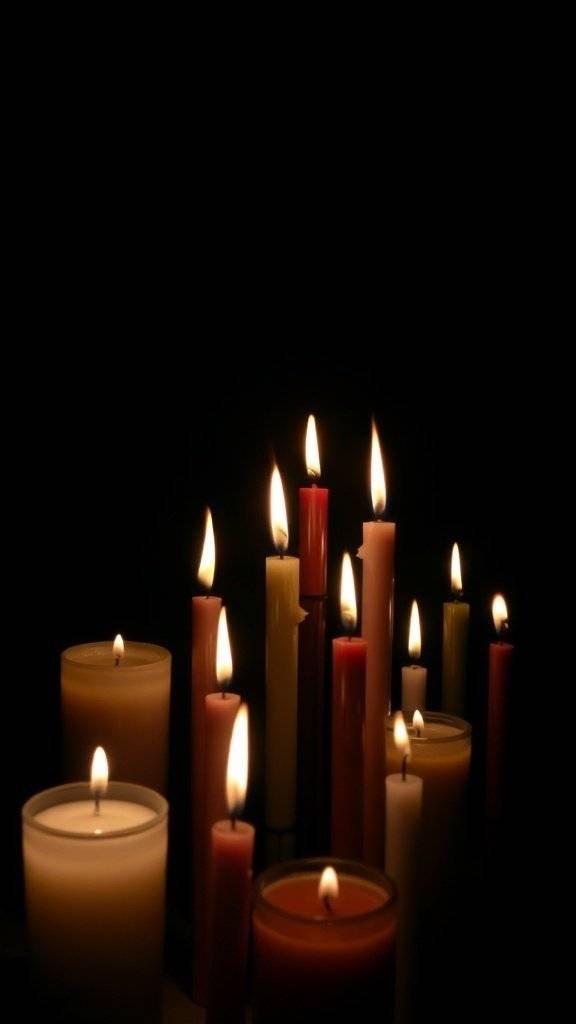 A collection of lit candles in various heights, creating a warm and moody atmosphere.