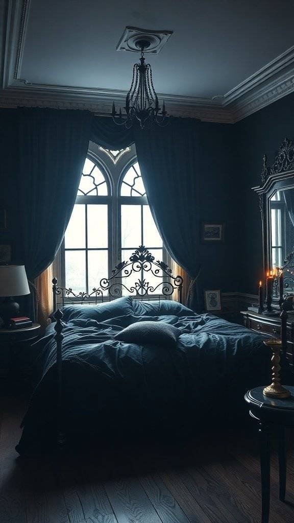 A dark, moody bedroom with an ornate bed, chandelier, and rich fabrics.