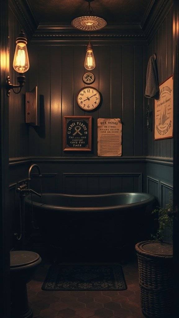 A dimly lit bathroom with dark walls, vintage decor, and industrial touches.