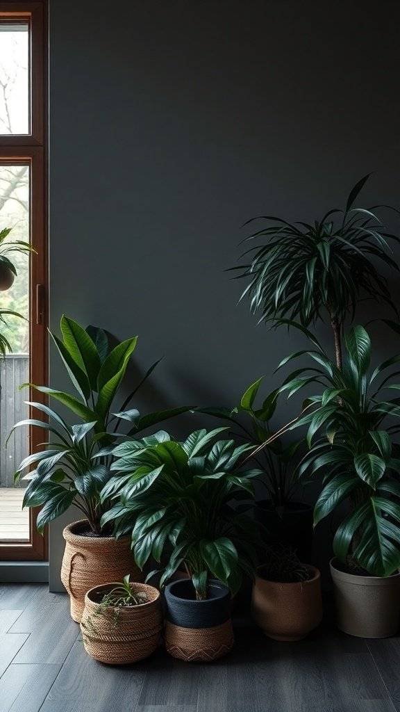 A collection of dark green plants in textured pots against a dark wall, enhancing a moody atmosphere.