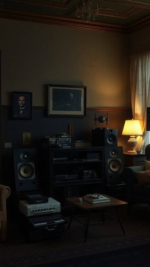A dimly lit room with warm lamps, vintage furniture, and speakers, creating a cozy yet eerie atmosphere.