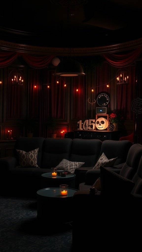 A cozy movie night area with dark lighting, candles, and plush seating, creating a spooky atmosphere.