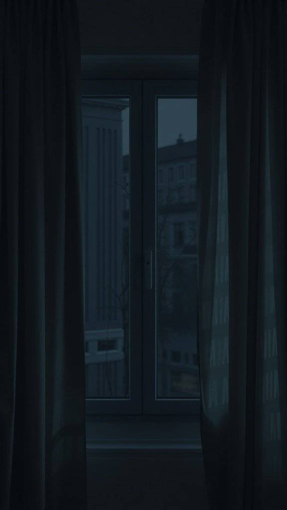 Dark curtains framing a window, creating a moody atmosphere.