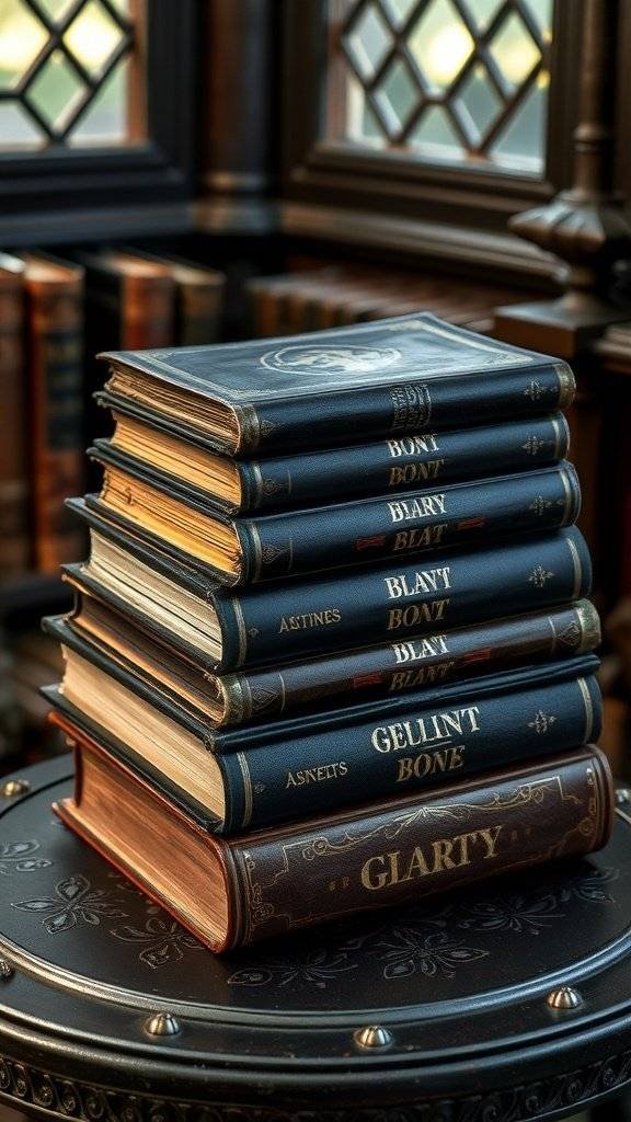 A stack of vintage books with dark covers, a candle holder, and a decorative lantern on a wooden table.