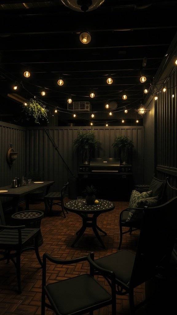 A dimly lit outdoor space with string lights and metal chairs, creating a cozy yet eerie atmosphere.