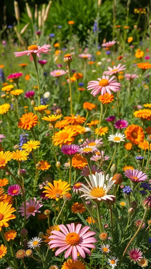 A vibrant wildflower garden featuring a variety of colorful flowers and greenery.