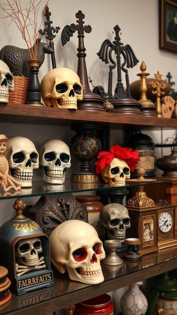 A collection of decorative skulls and vintage items on a shelf, creating a haunted mansion vibe.