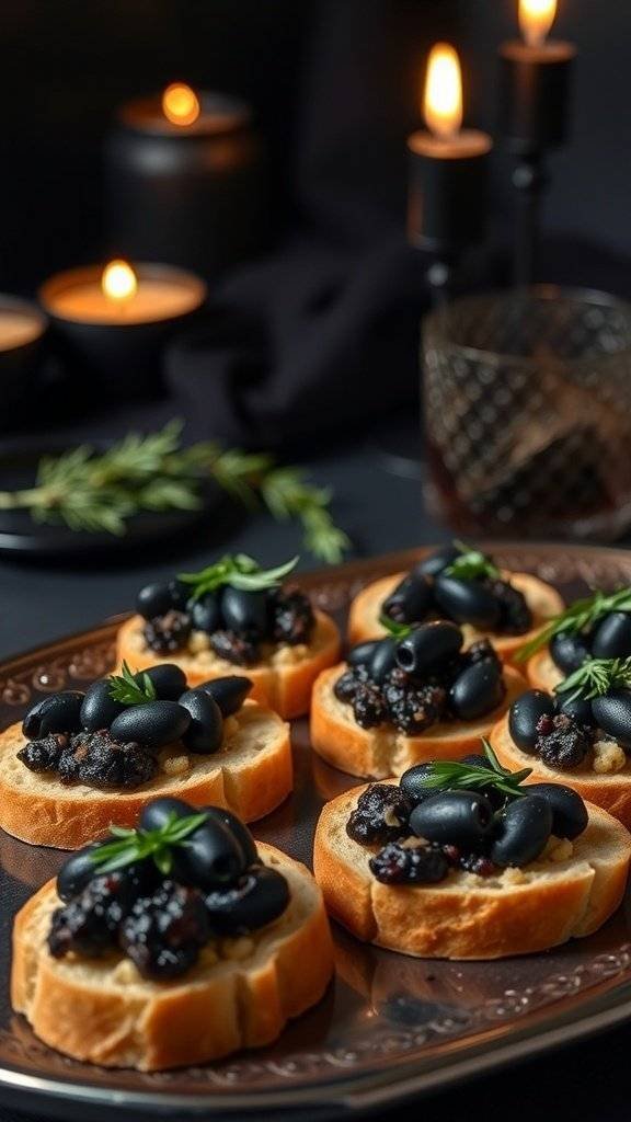 Elegant black olive tapenade on crostini served on a dark platter with candles in the background.