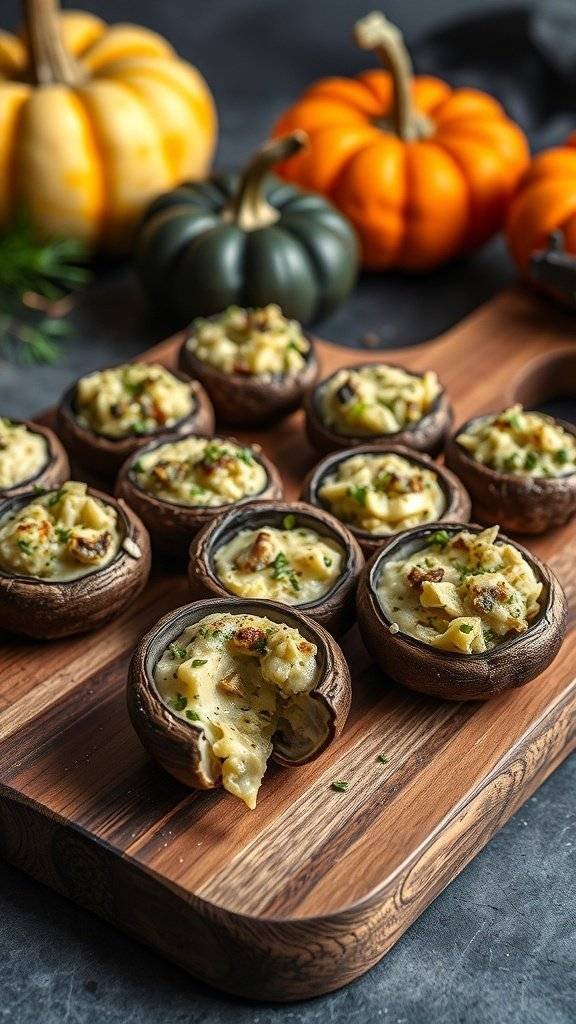 Spooky stuffed mushrooms on a wooden board with pumpkins in the background