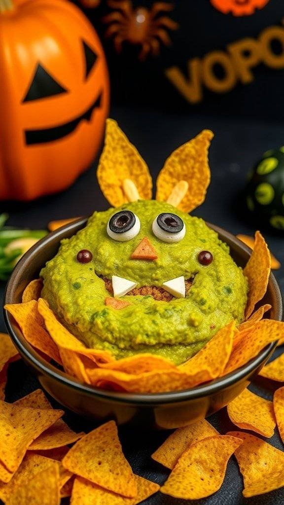 A spooky guacamole monster with googly eyes and fangs surrounded by tortilla chips.