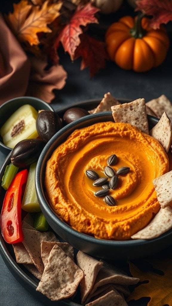 A bowl of pumpkin hummus garnished with pumpkin seeds, surrounded by pita chips and fresh vegetables.