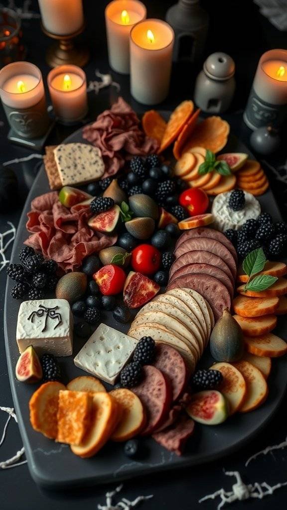 A dark-themed charcuterie board featuring various cheeses, meats, and fruits, set with candles.