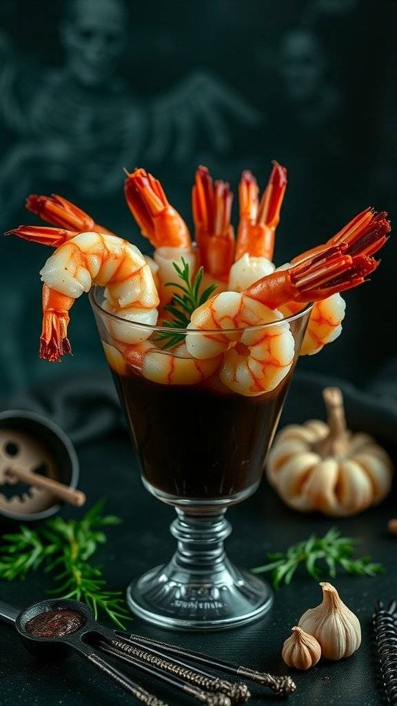 A sinister shrimp cocktail with black garlic sauce, elegantly presented in a glass, surrounded by Halloween-themed decorations.