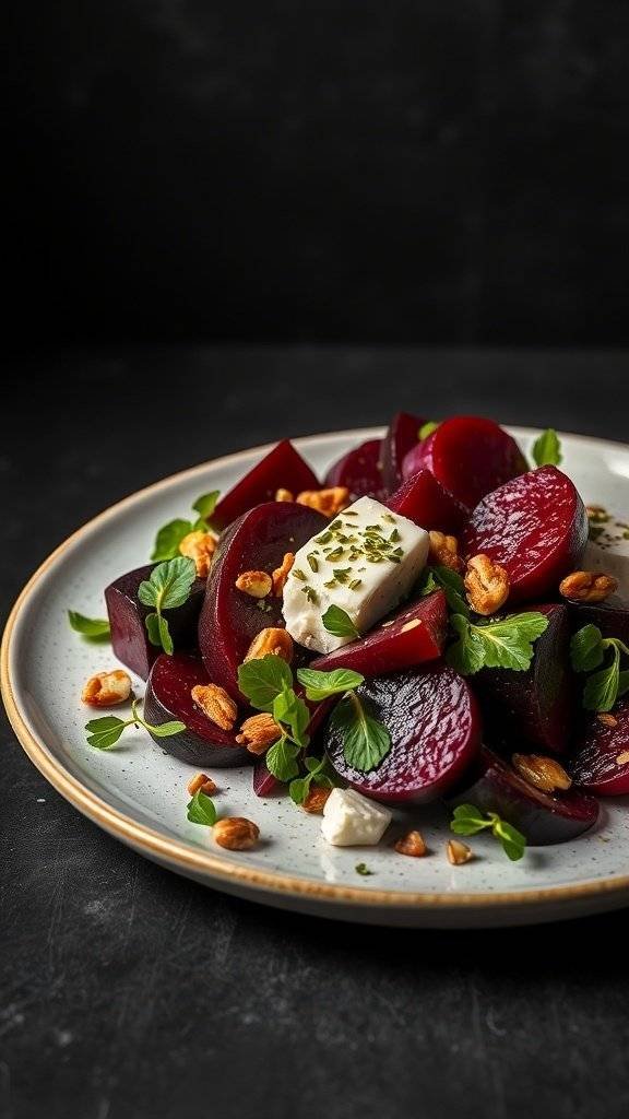 A plate of beet and goat cheese salad with nuts and herbs, perfect for Halloween appetizers.