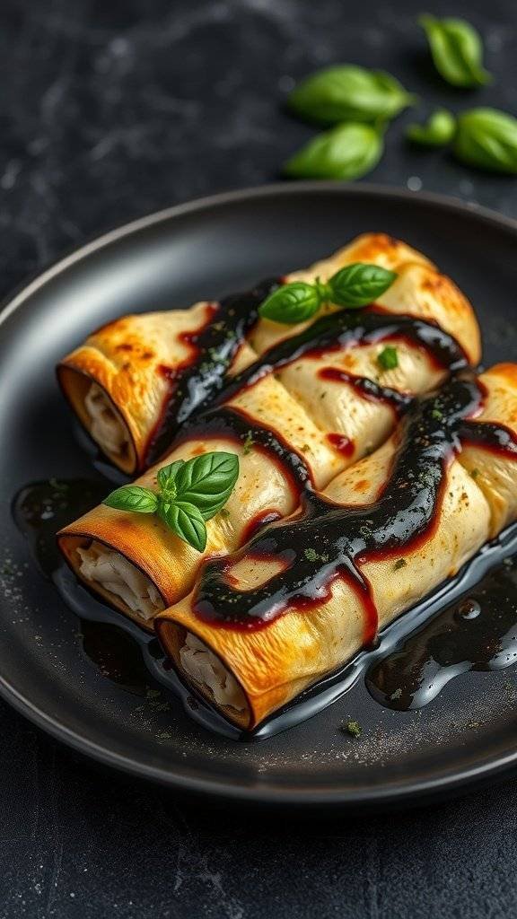 Eerie Eggplant Rollatini with black sauce on a plate, garnished with basil.