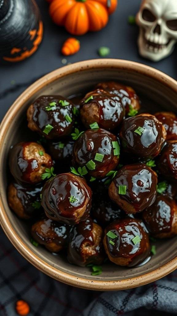 A bowl of macabre meatballs with charcoal glaze, surrounded by Halloween decorations like pumpkins and a skull.