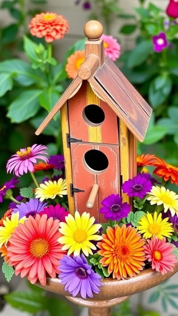 A rustic birdhouse surrounded by colorful flowers in a garden setting
