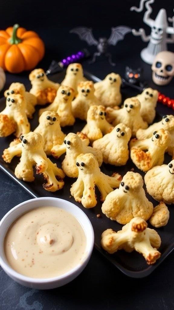 A platter of ghost-shaped cauliflower bites with a spicy aioli dip, surrounded by mini pumpkins and decorative elements.
