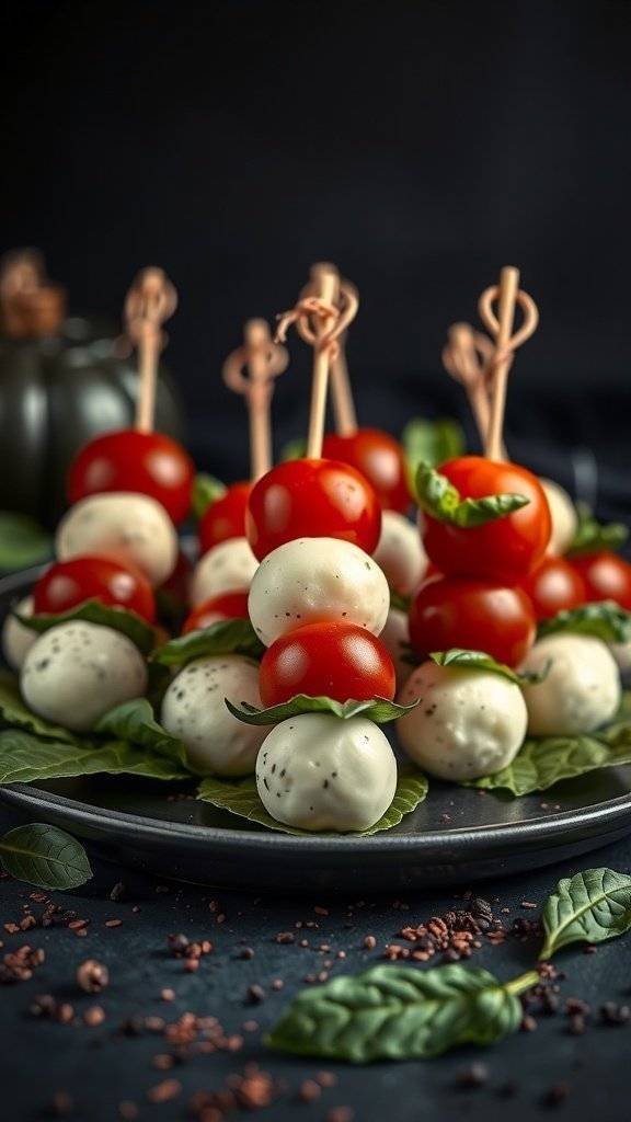 Cursed Caprese Skewers with black basil on a dark plate, featuring cherry tomatoes and mozzarella balls.