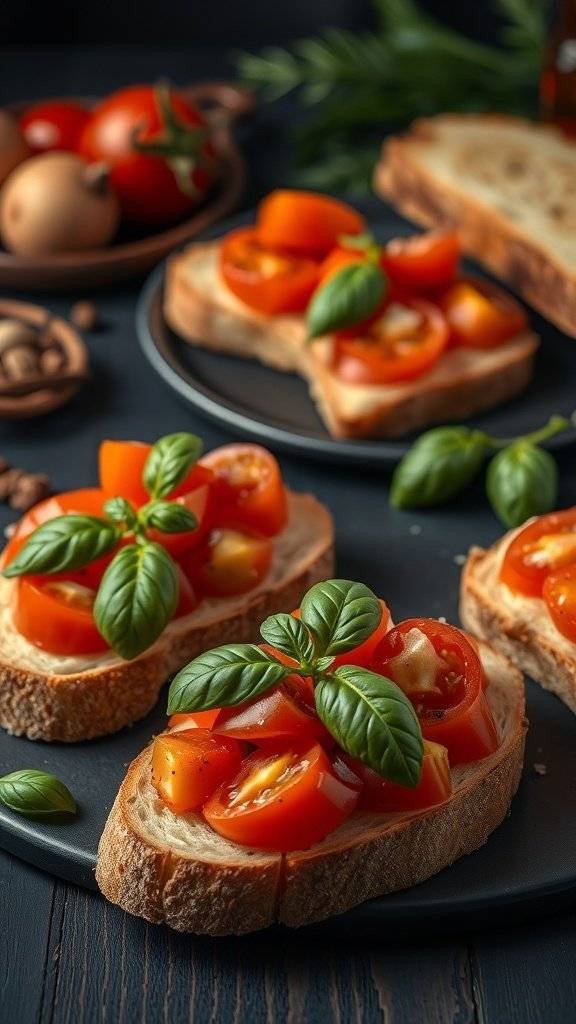 Tomato and basil bruschetta on toasted bread, garnished with fresh basil leaves.