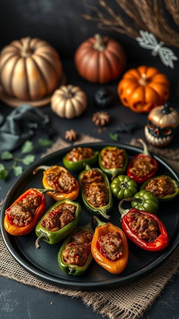 Chorizo-stuffed mini peppers on a black plate, surrounded by pumpkins and Halloween decorations.