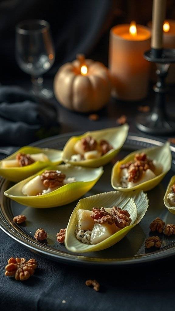 Elegant endive boats filled with blue cheese and pears, garnished with walnuts, set on a dark table with candles and a pumpkin.