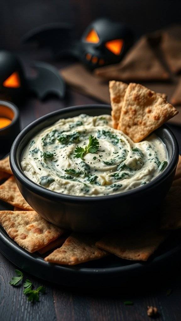 A bowl of creamy spinach and artichoke dip surrounded by pita chips, with Halloween-themed decorations in the background.