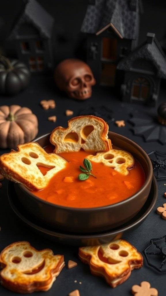 A bowl of tomato soup with ghost-shaped grilled cheese bites on the side, set against a dark Halloween-themed backdrop.