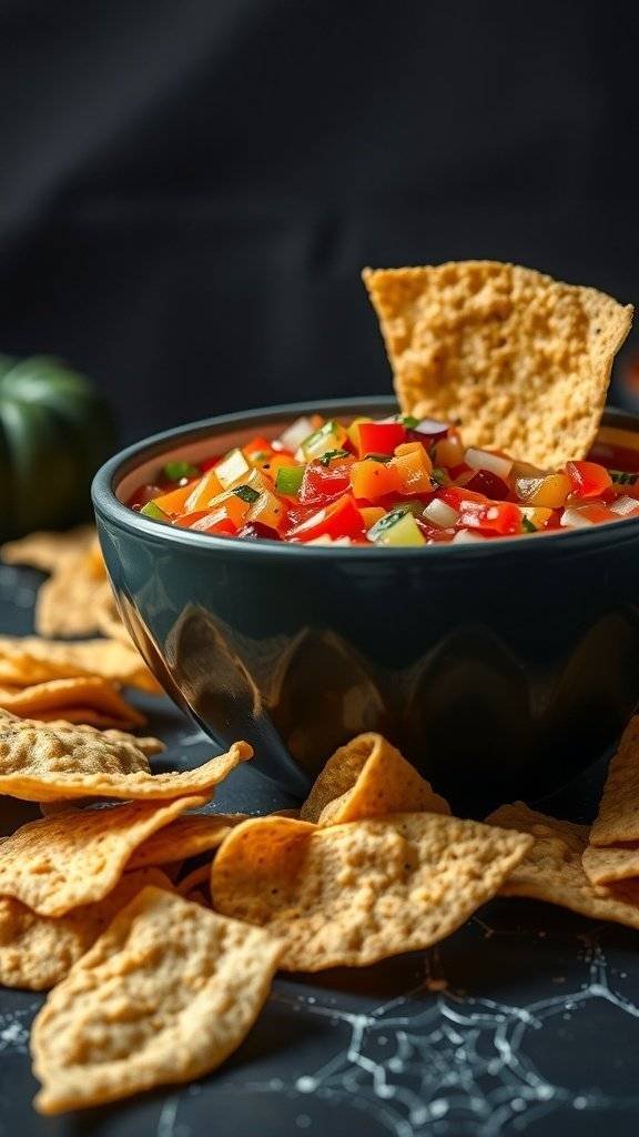 A bowl of ghost pepper salsa surrounded by tortilla chips, perfect for Halloween appetizers.