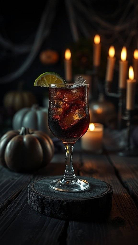 A Dark And Stormy cocktail in a glass with ice and a lime wedge, set against a moody Halloween backdrop.