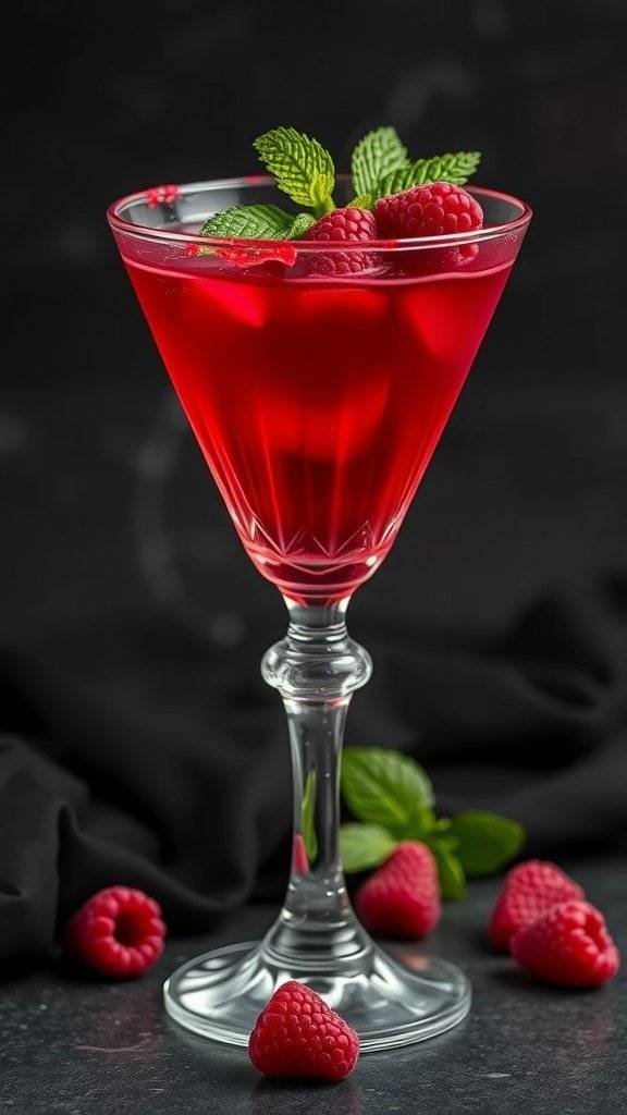 A vibrant red Vampire's Kiss Mocktail garnished with raspberries and mint leaves.