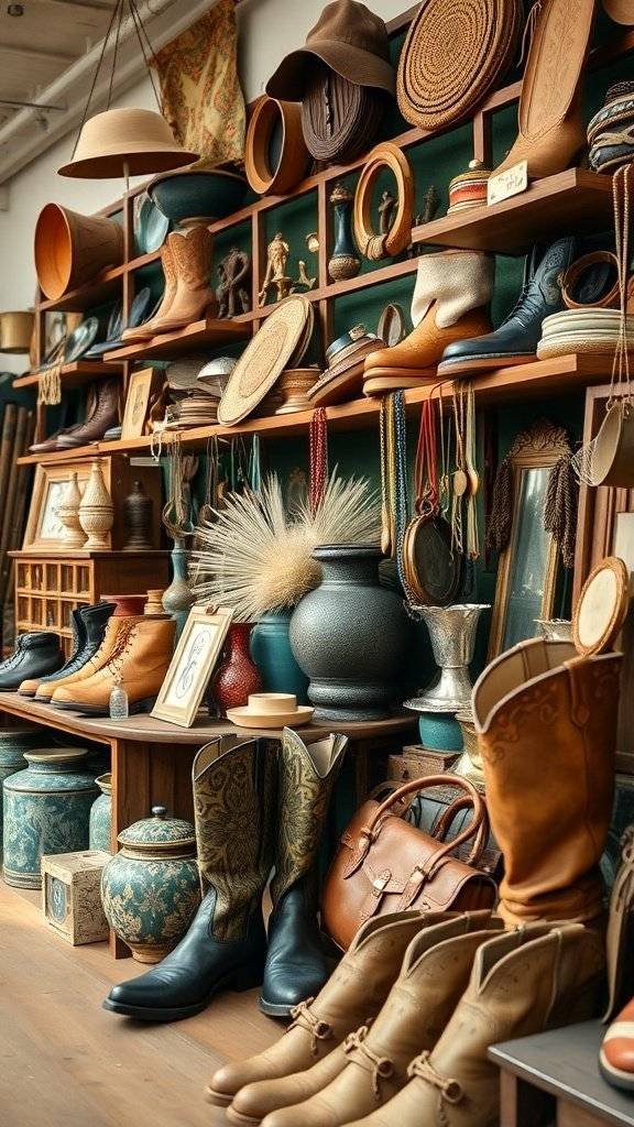 A display of vintage leather boots and accessories on wooden shelves, showcasing earthy tones and unique designs.