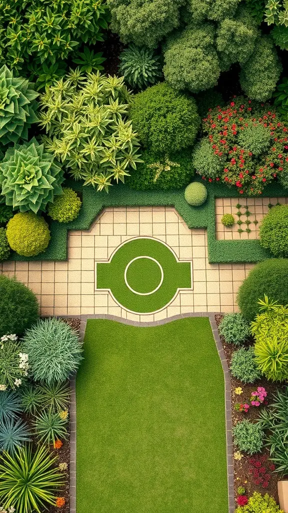 Aerial view of a well-designed garden with a central circular feature, surrounded by various plants and flowers.