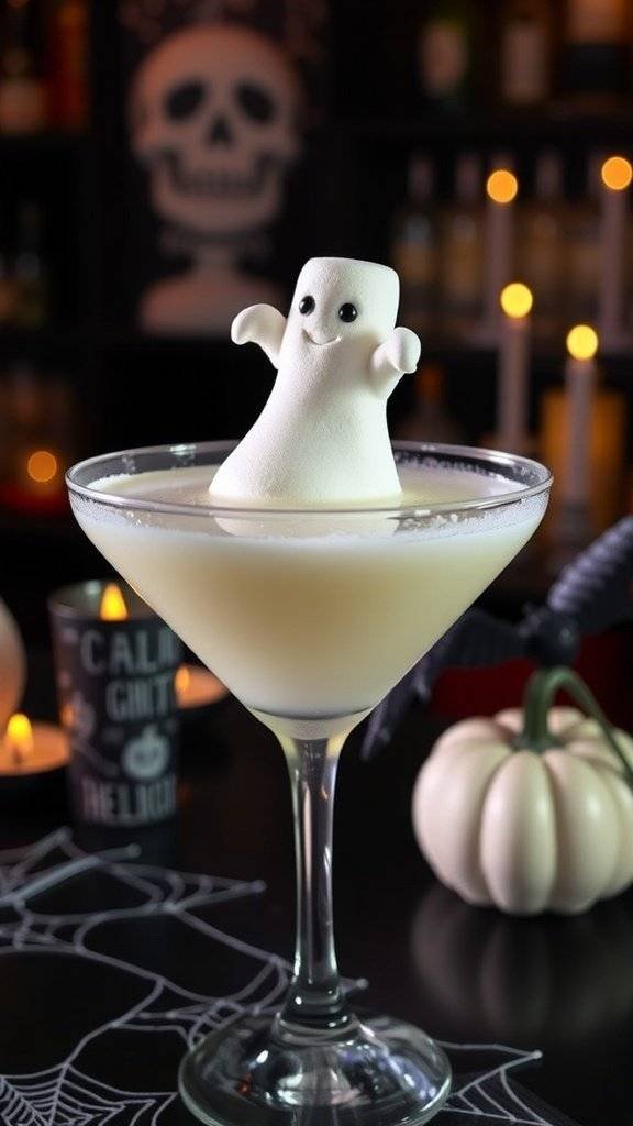 A Ghostly White Chocolate Martini with a ghost-shaped marshmallow garnish, surrounded by mini pumpkins and candy.