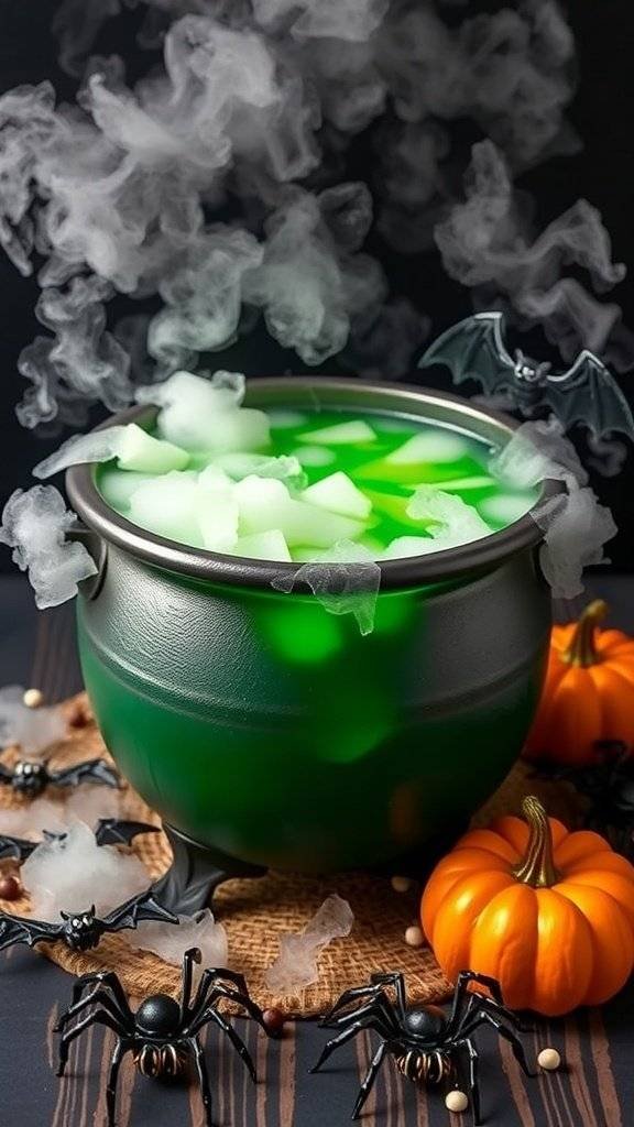 A bubbling green punch in a cauldron surrounded by Halloween decorations like pumpkins and spiders.