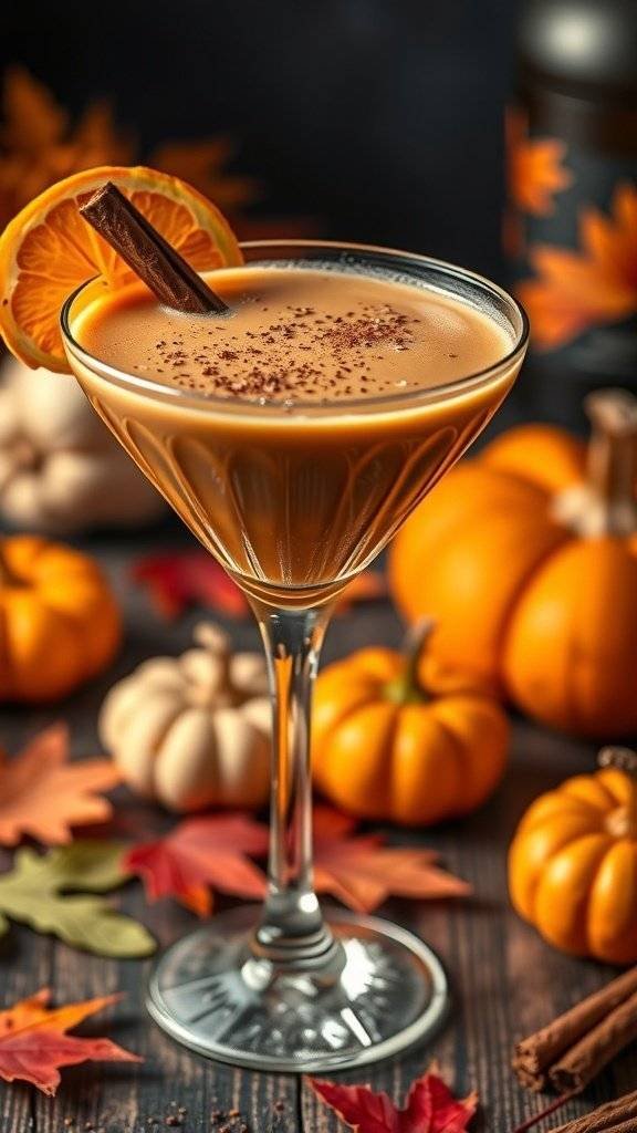 A Pumpkin Spice Martini garnished with an orange slice and cinnamon stick, surrounded by mini pumpkins and autumn leaves.