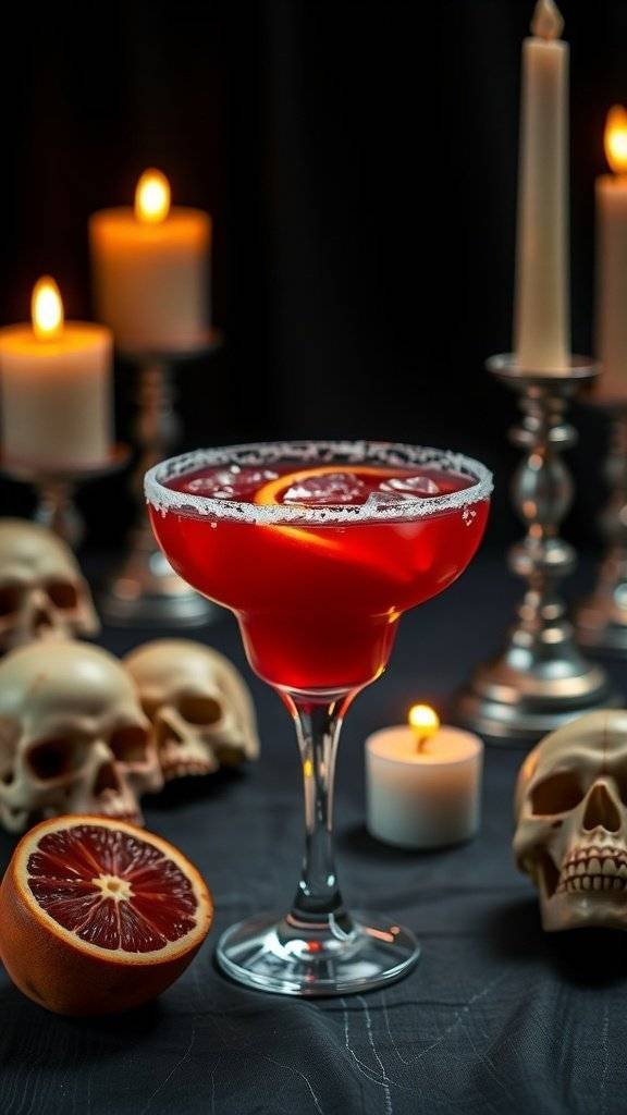 A Blood Orange Margarita in a glass with a salted rim, surrounded by skulls and candles, perfect for Halloween.