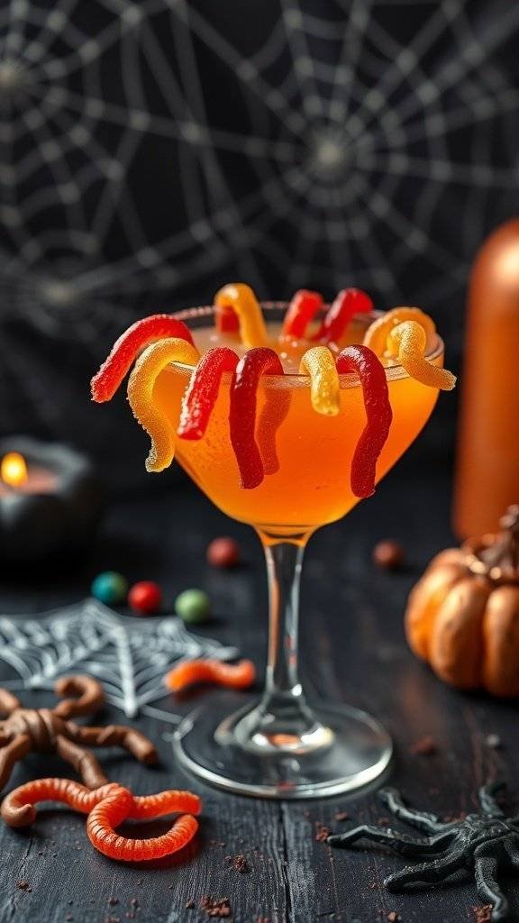 A vibrant orange cocktail garnished with gummy worms, set against a spooky Halloween backdrop.