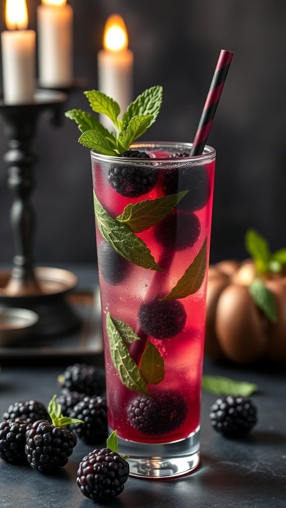 A spooky blackberry mojito cocktail garnished with mint leaves and served in a tall glass, with blackberries scattered around and candles in the background.
